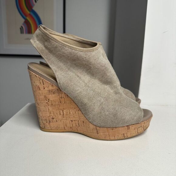 Stuart Weitzman Cork Wedge Platform Sandals with Gray/Tan Cloth Upper Size 9 - Picture 3 of 12